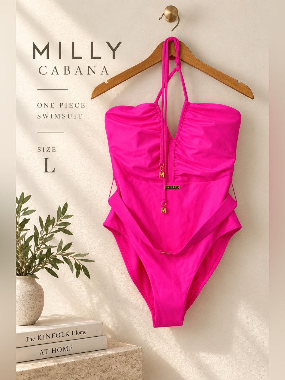 Milly Cabana Neon Pink Ruched Halter One Piece Swimsuit Size L NWT
